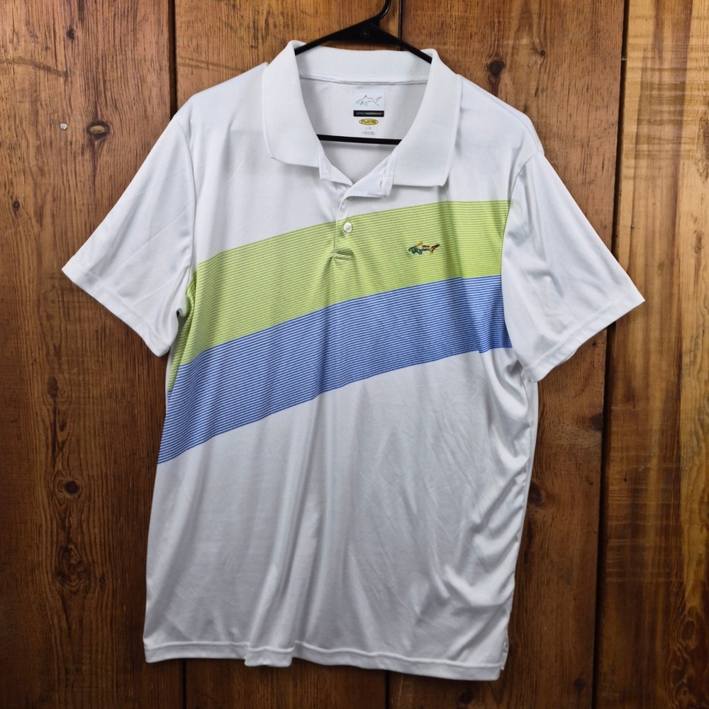 Greg Norman Play Dry Mens Large White Blue Green Striped Golf Polo Shirt L